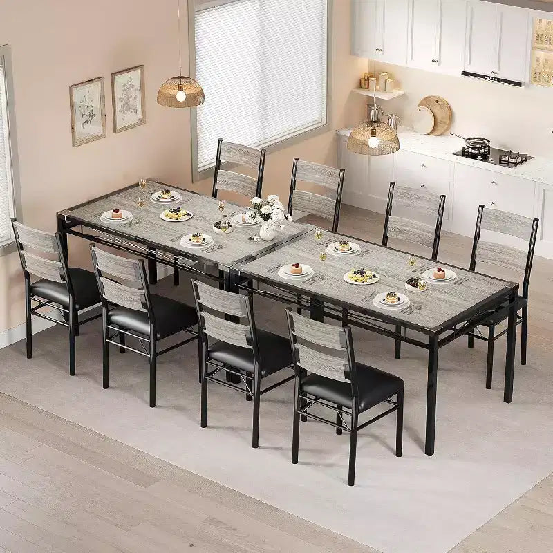 Set tavolo da pranzo marrone/grigio – piano in legno e sedie imbottite, 3 o 5 posti
