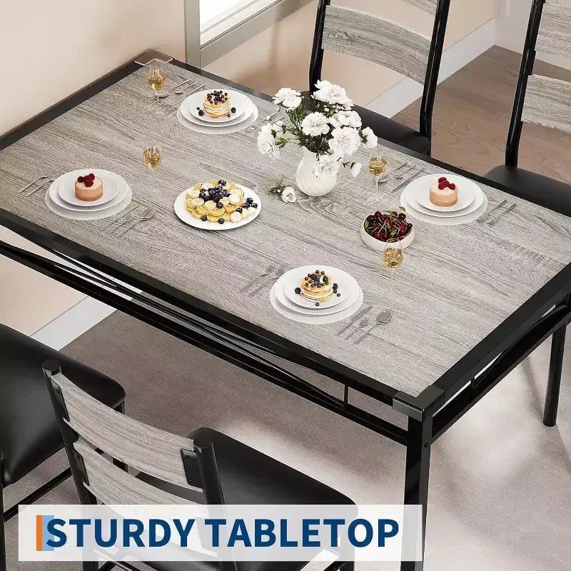 Set tavolo da pranzo marrone/grigio – piano in legno e sedie imbottite, 3 o 5 posti