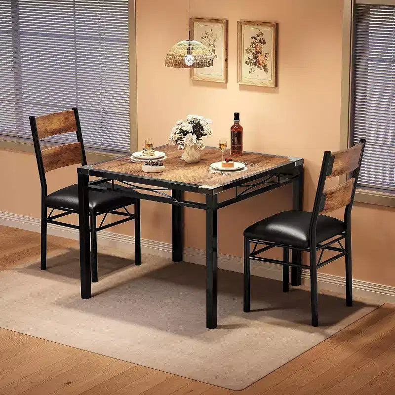 Set tavolo da pranzo marrone/grigio – piano in legno e sedie imbottite, 3 o 5 posti