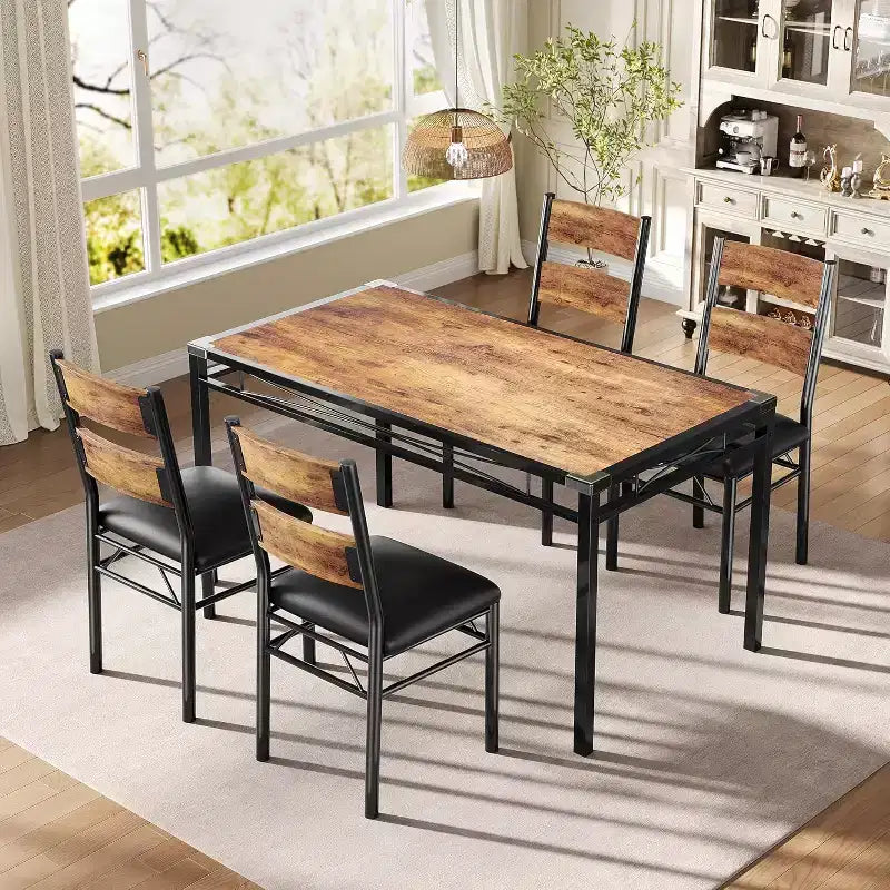 Set tavolo da pranzo marrone/grigio – piano in legno e sedie imbottite, 3 o 5 posti