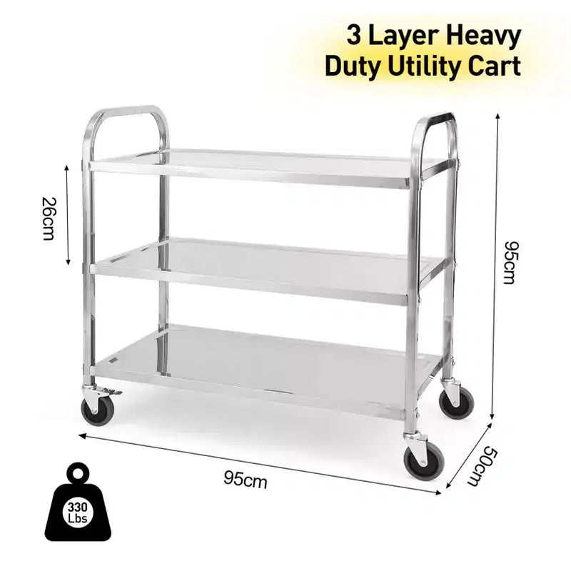 Carrello di servizio a 3 ripiani in acciaio inox, argento, 1 persona, capacità 100 kg, ruote silenziose con freno