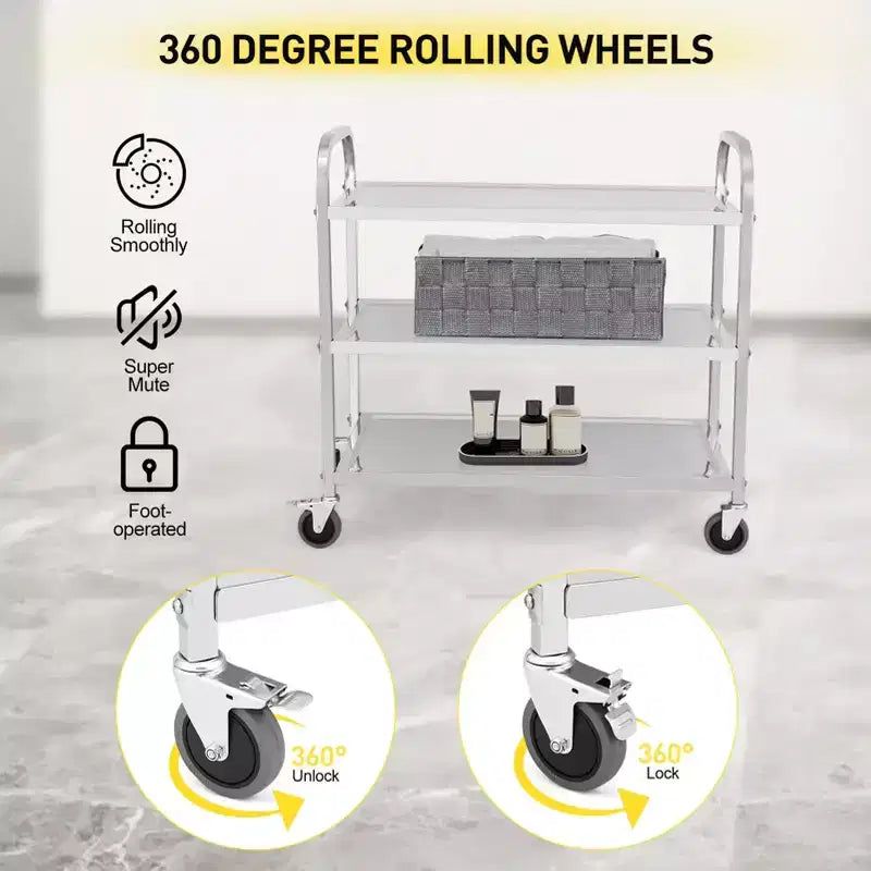 Carrello di servizio a 3 ripiani in acciaio inox, argento, 1 persona, capacità 100 kg, ruote silenziose con freno