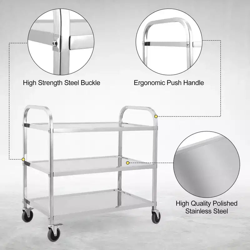 Carrello di servizio a 3 ripiani in acciaio inox, argento, 1 persona, capacità 100 kg, ruote silenziose con freno