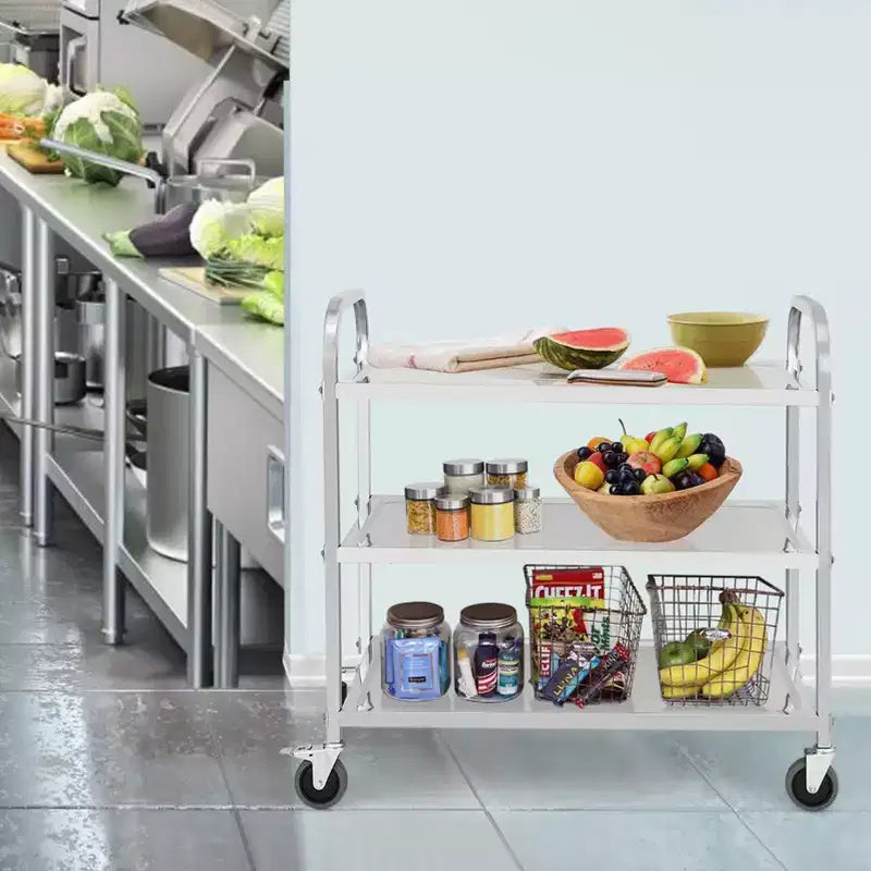 Carrello di servizio a 3 ripiani in acciaio inox, argento, 1 persona, capacità 100 kg, ruote silenziose con freno