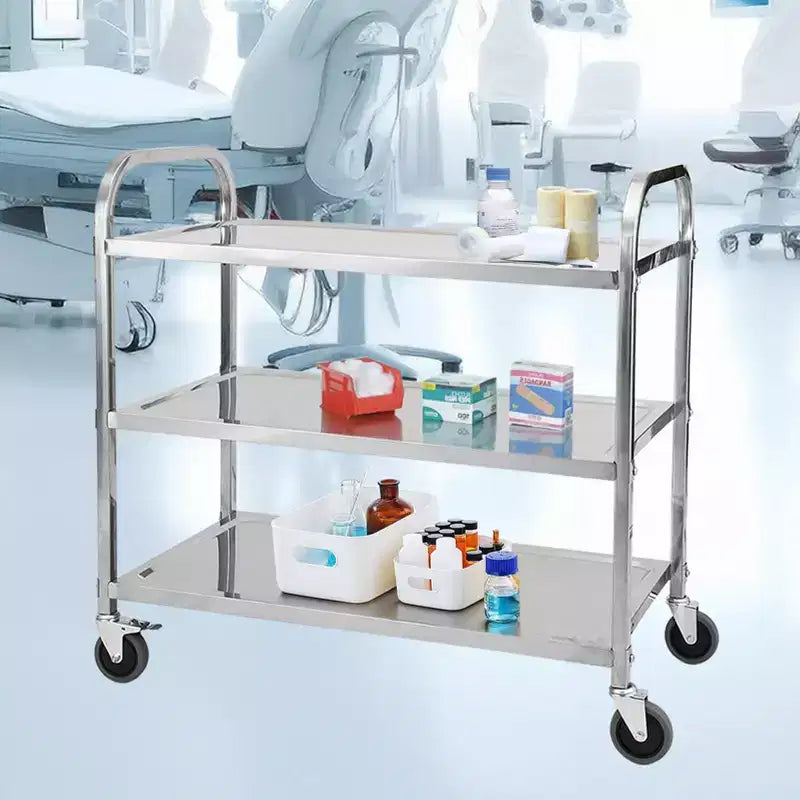 Carrello di servizio a 3 ripiani in acciaio inox, argento, 1 persona, capacità 100 kg, ruote silenziose con freno