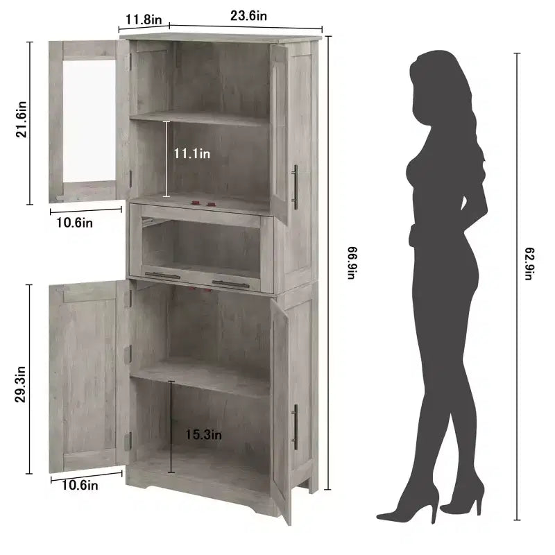 Armadio alto da pavimento marrone/grigio con ante in vetro e cassetto, 170 cm