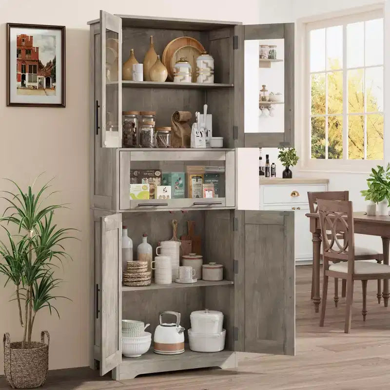 Armadio alto da pavimento marrone/grigio con ante in vetro e cassetto, 170 cm
