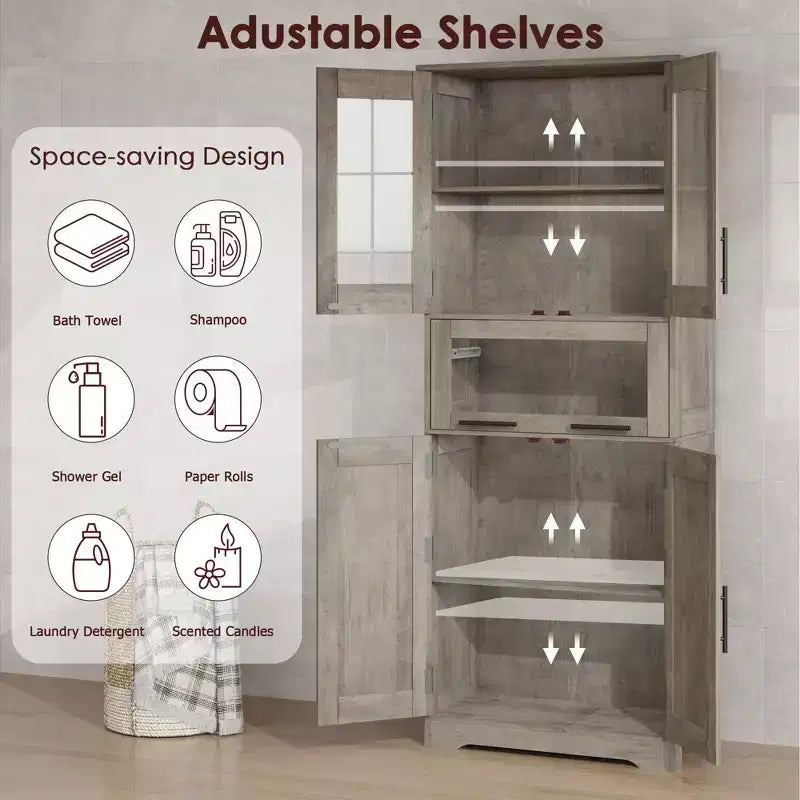 Armadio alto da pavimento marrone/grigio con ante in vetro e cassetto, 170 cm