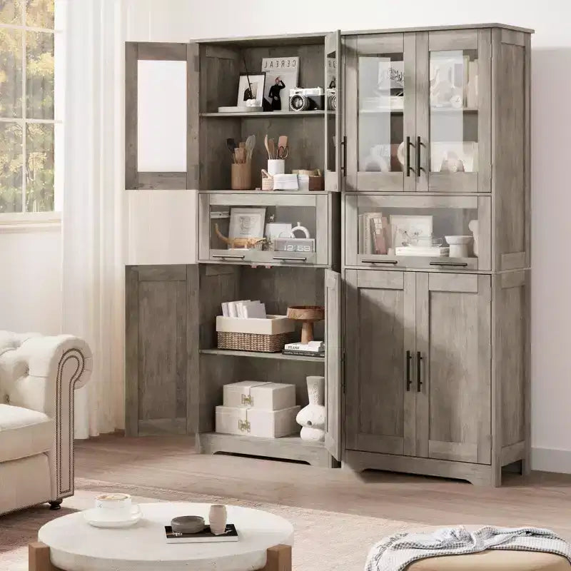 Armadio alto da pavimento marrone/grigio con ante in vetro e cassetto, 170 cm