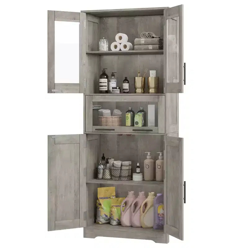 Armadio alto da pavimento marrone/grigio con ante in vetro e cassetto, 170 cm