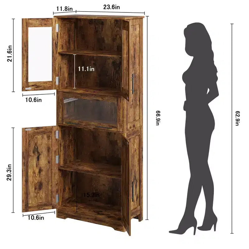 Armadio alto da pavimento marrone/grigio con ante in vetro e cassetto, 170 cm