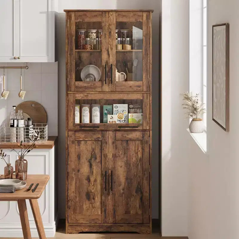 Armadio alto da pavimento marrone/grigio con ante in vetro e cassetto, 170 cm