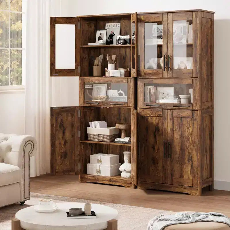 Armadio alto da pavimento marrone/grigio con ante in vetro e cassetto, 170 cm
