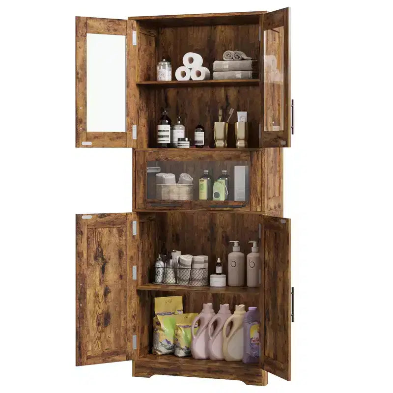 Armadio alto da pavimento marrone/grigio con ante in vetro e cassetto, 170 cm