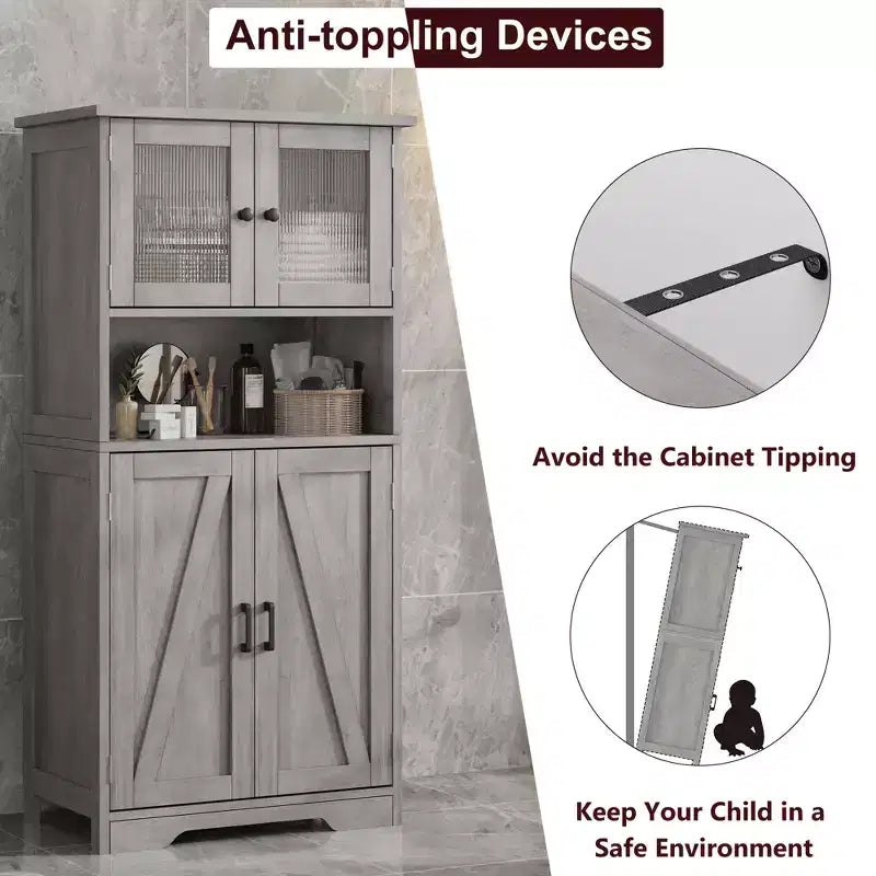 Mobile contenitore a 4 ante freestanding Grigio/Bianco/Marrone – Montaggio 1 persona, Ripiani regolabili