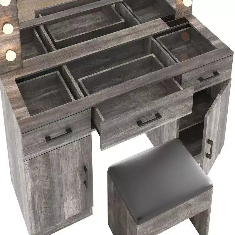 Set Tavolo da Trucco Grigio Illuminato con Specchio, 3 Cassetti e 2 Armadietti – 1 Persona