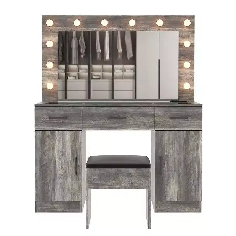Set Tavolo da Trucco Grigio Illuminato con Specchio, 3 Cassetti e 2 Armadietti – 1 Persona