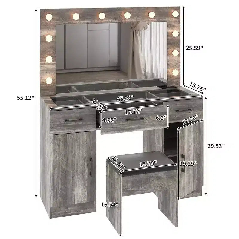 Set Tavolo da Trucco Grigio Illuminato con Specchio, 3 Cassetti e 2 Armadietti – 1 Persona