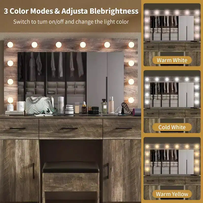 Set Tavolo da Trucco Grigio Illuminato con Specchio, 3 Cassetti e 2 Armadietti – 1 Persona