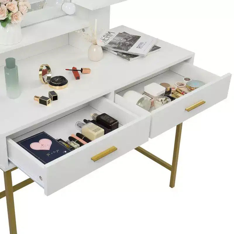 Tocador Bianco con Specchio LED e Sgabello – 1 Persona