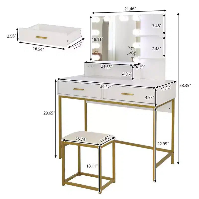 Tocador Bianco con Specchio LED e Sgabello – 1 Persona