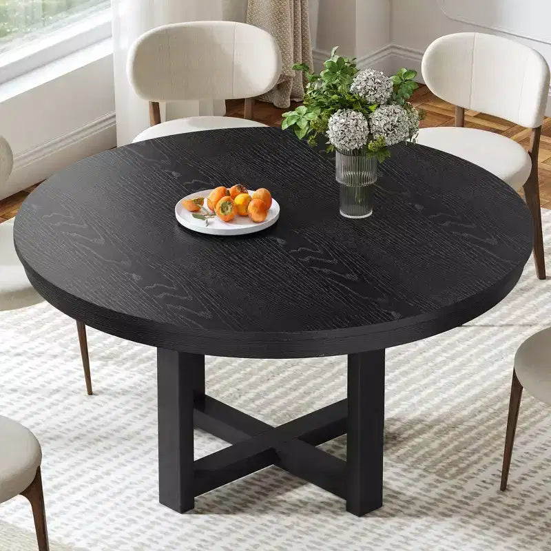 Tavolo da pranzo rotondo nero in legno, base a croce, 4 posti a sedere