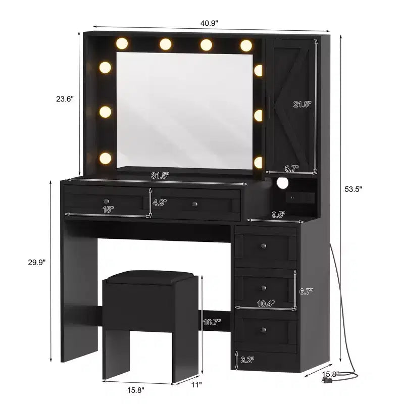 Tocador Nero con Sgabello – Specchio LED, Stazione di Ricarica e Contenitore, 1 Posto