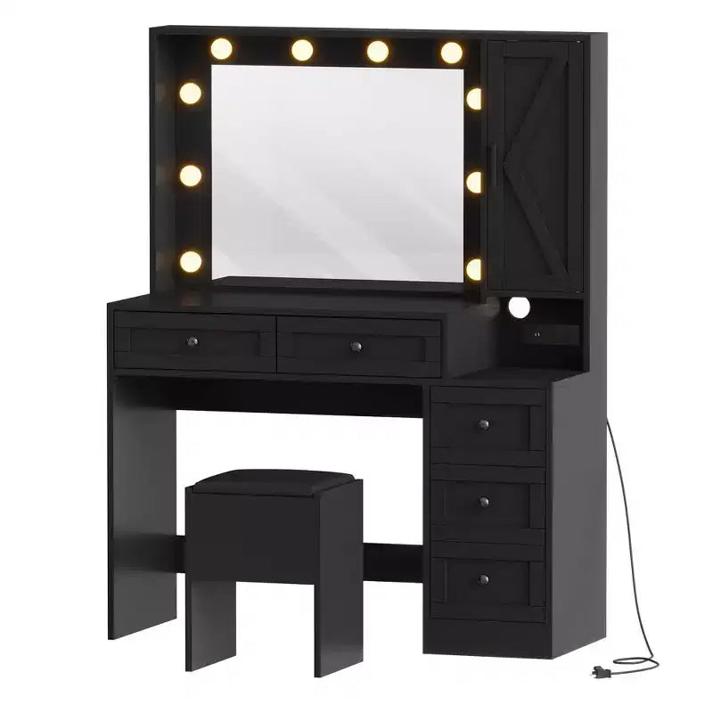 Tocador Nero con Sgabello – Specchio LED, Stazione di Ricarica e Contenitore, 1 Posto
