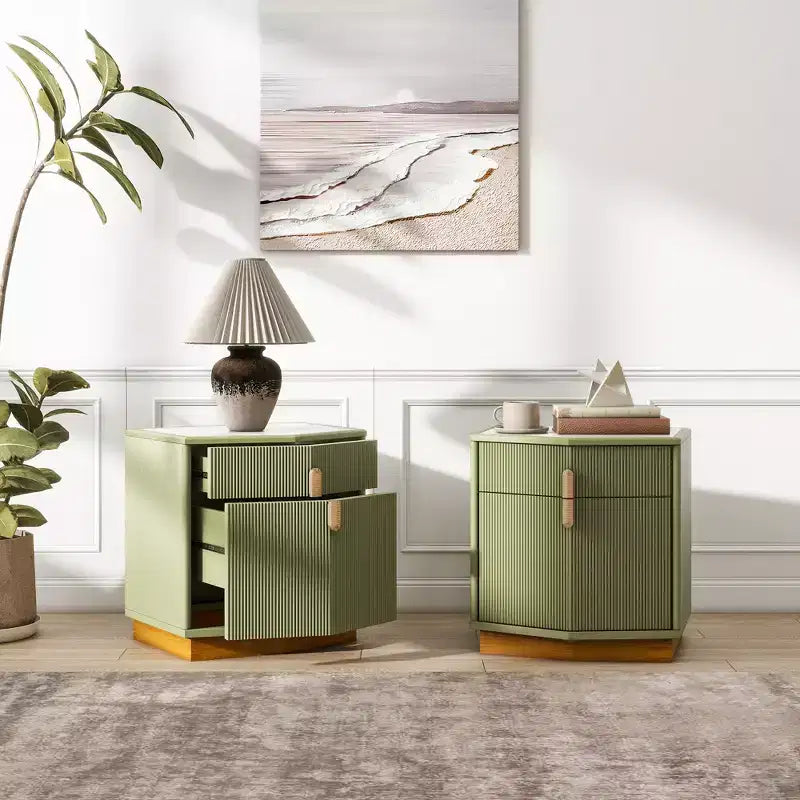 Comodino moderno con 2 cassetti, set da 2 – Cioccolato / Marrone scuro / Verde oliva / Bianco