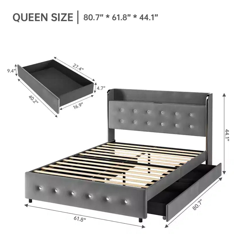 Struttura Letto Queen con Piattaforma Grigia e Contenitore – Testiera Trapuntata, 4 Cassetti e Stazione di Ricarica, 1 Persona