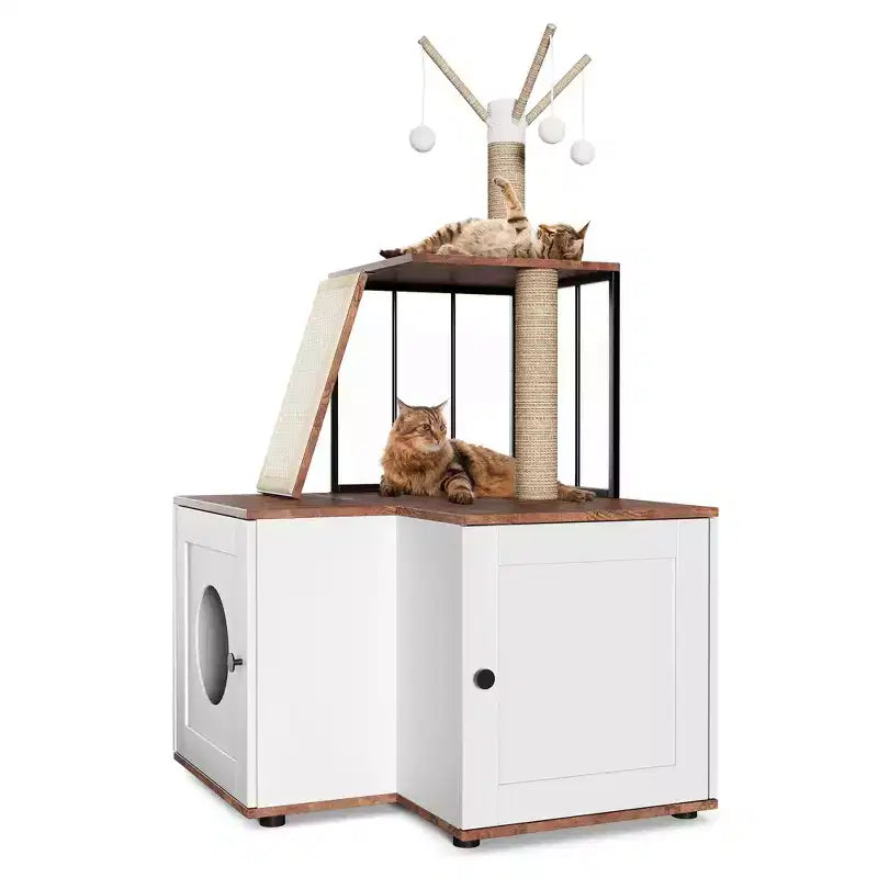 Albero Tiragraffi e Mobile Copri-Lettiera 2-in-1 Bianco con Pali Tiragraffi – 1 Gatto