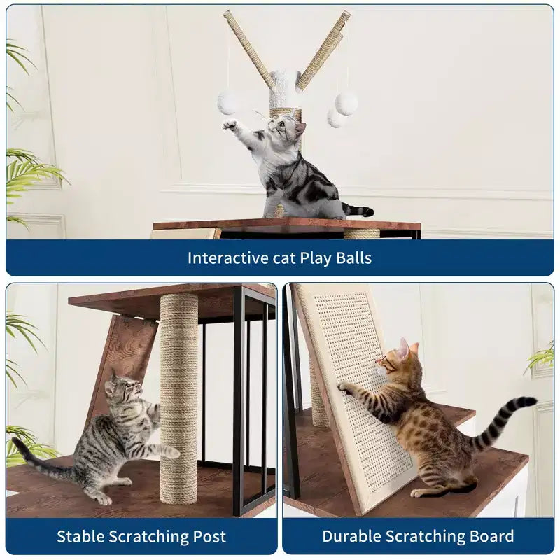 Albero Tiragraffi e Mobile Copri-Lettiera 2-in-1 Bianco con Pali Tiragraffi – 1 Gatto