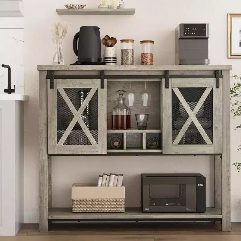 Mobile Bar da Fattoria Bianco/Grigio con Portabicchieri e Anta Scorrevole – Credenza a 2 Ante