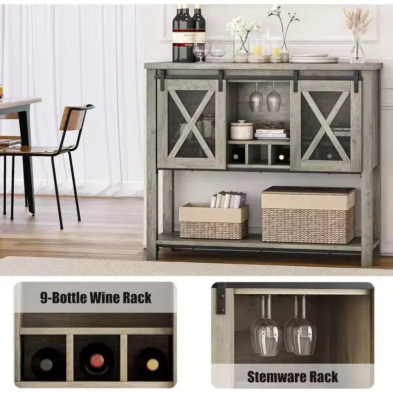 Mobile Bar da Fattoria Bianco/Grigio con Portabicchieri e Anta Scorrevole – Credenza a 2 Ante