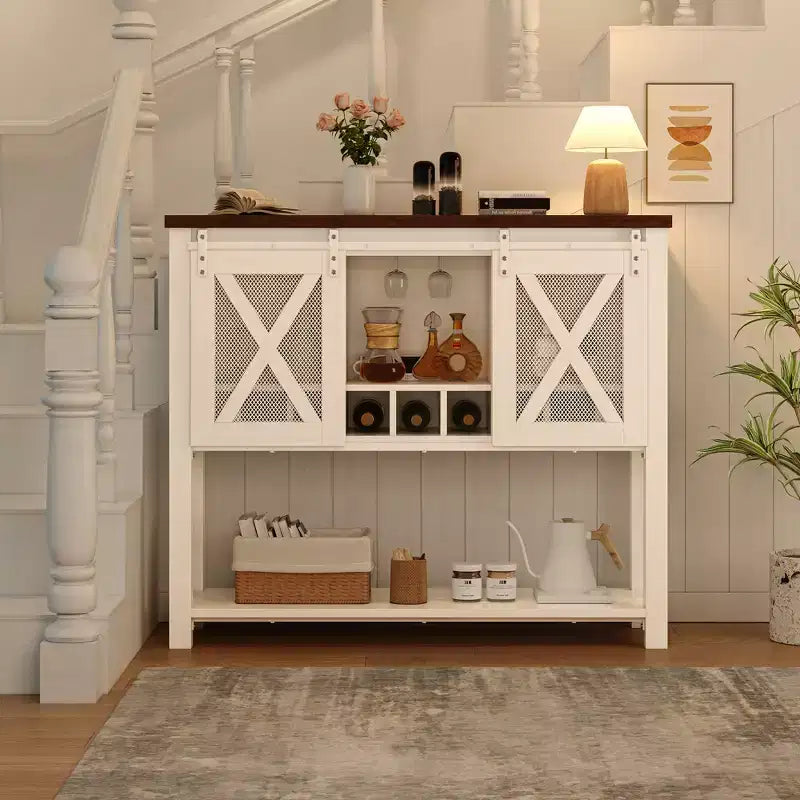 Mobile Bar da Fattoria Bianco/Grigio con Portabicchieri e Anta Scorrevole – Credenza a 2 Ante