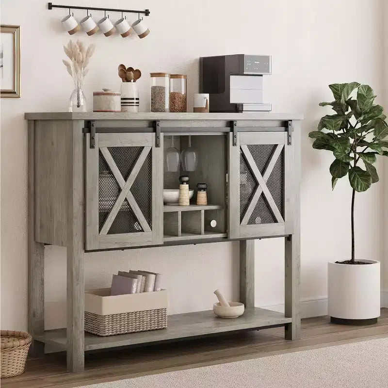 Mobile Bar da Fattoria Bianco/Grigio con Portabicchieri e Anta Scorrevole – Credenza a 2 Ante
