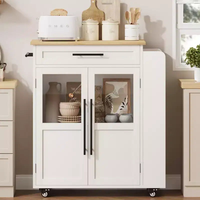 Carrello isola da cucina in stile rustico bianco – piano in legno, anta in vetro, cassetto e ruote bloccabili