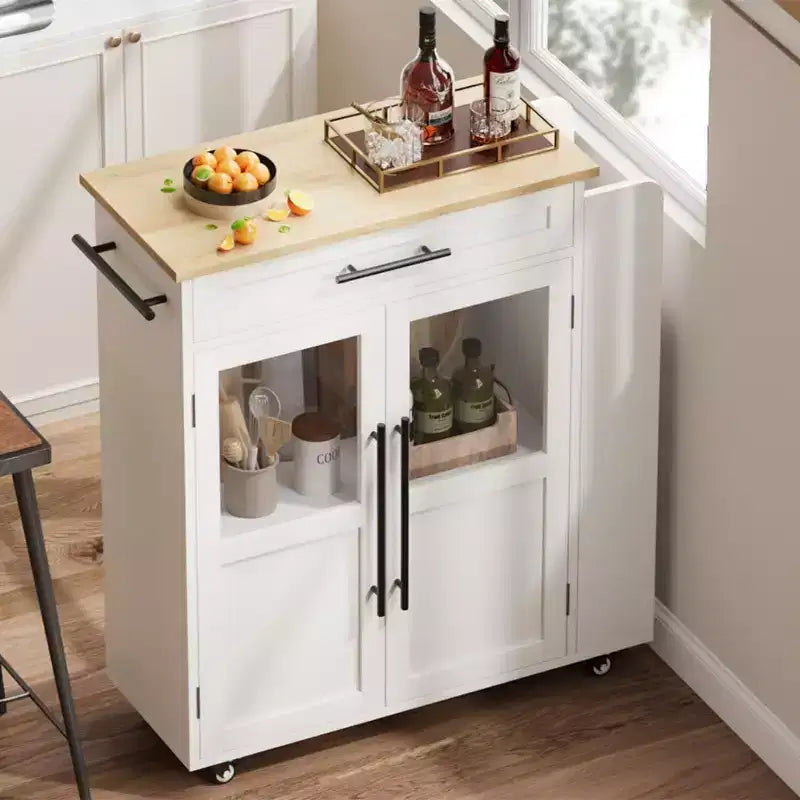 Carrello isola da cucina in stile rustico bianco – piano in legno, anta in vetro, cassetto e ruote bloccabili