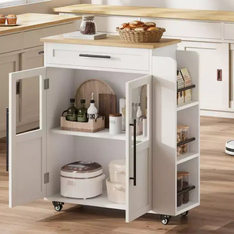 Carrello isola da cucina in stile rustico bianco – piano in legno, anta in vetro, cassetto e ruote bloccabili