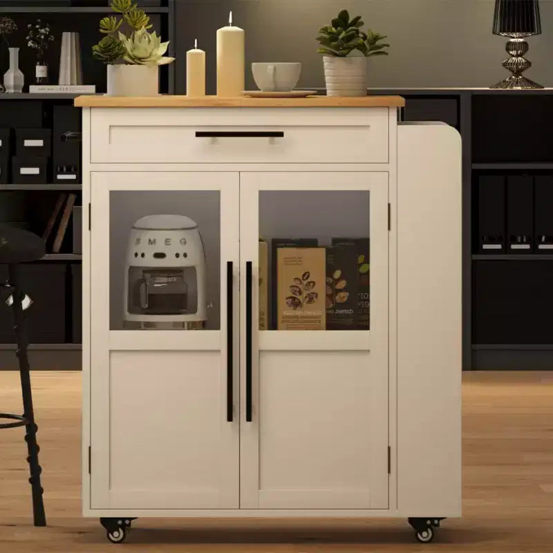 Carrello isola da cucina in stile rustico bianco – piano in legno, anta in vetro, cassetto e ruote bloccabili