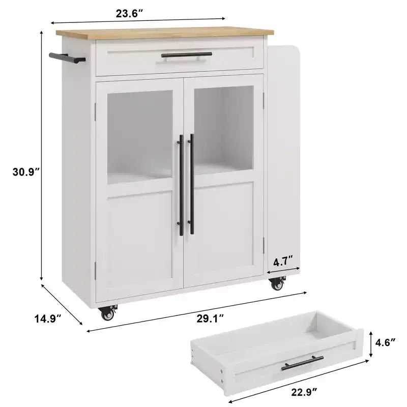 Carrello isola da cucina in stile rustico bianco – piano in legno, anta in vetro, cassetto e ruote bloccabili