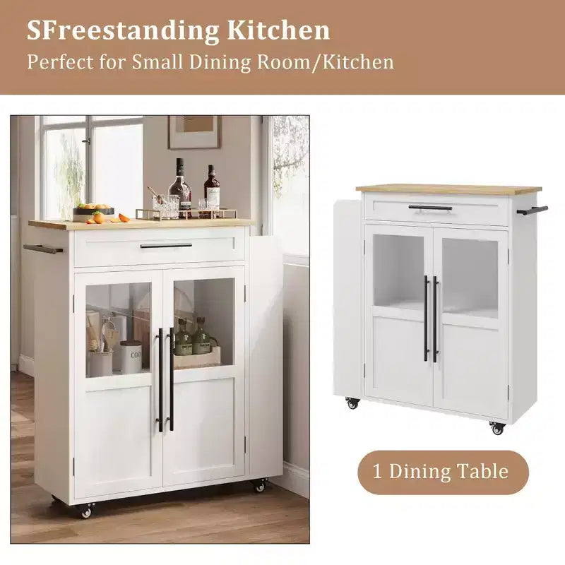Carrello isola da cucina in stile rustico bianco – piano in legno, anta in vetro, cassetto e ruote bloccabili