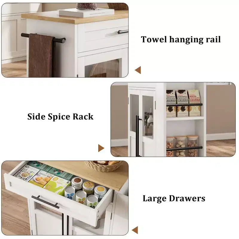 Carrello isola da cucina in stile rustico bianco – piano in legno, anta in vetro, cassetto e ruote bloccabili