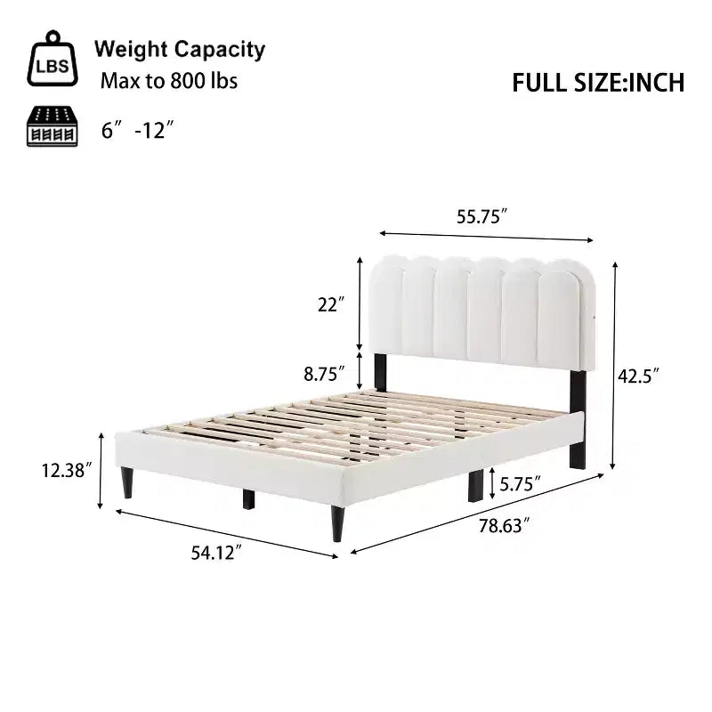 Letto a piattaforma imbottito in bouclé bianco – Testiera Petalo, Matrimoniale/Queen, 2 persone