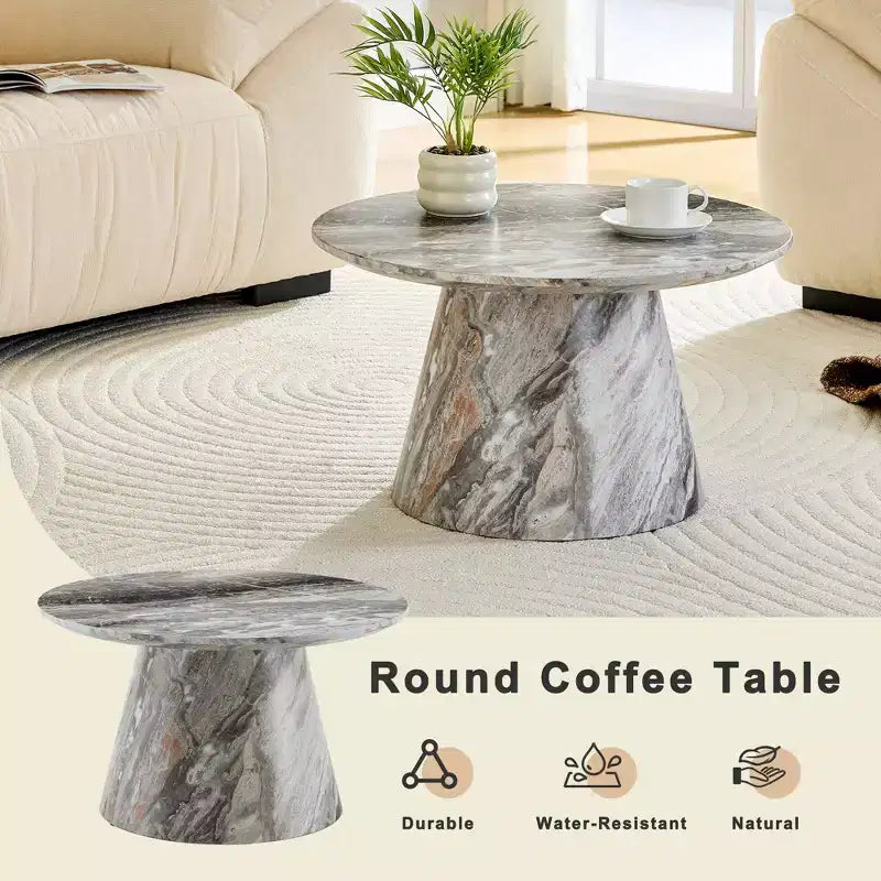 Tavolino da caffè rotondo con piedistallo – Marrone / Grigio / Noce