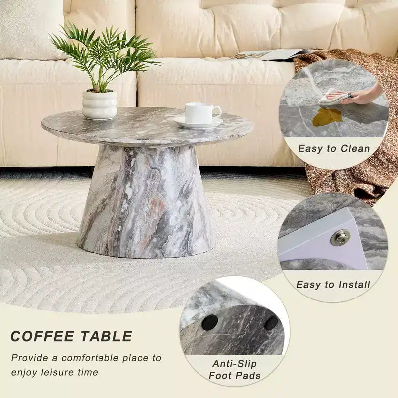Tavolino da caffè rotondo con piedistallo – Marrone / Grigio / Noce