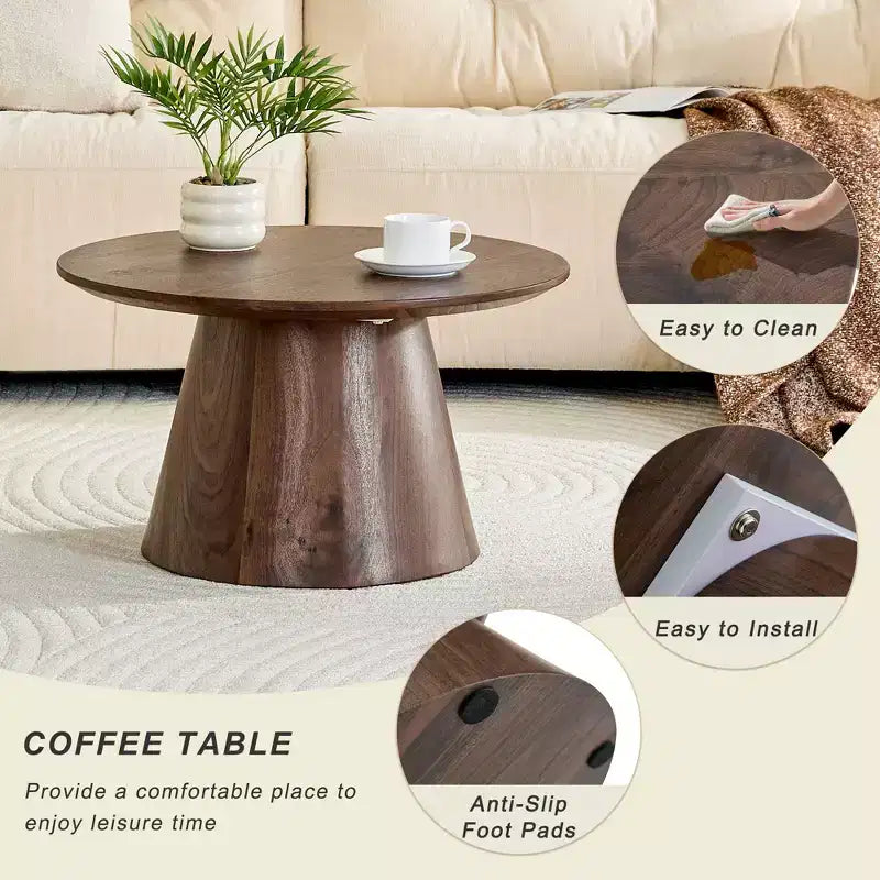 Tavolino da caffè rotondo con piedistallo – Marrone / Grigio / Noce