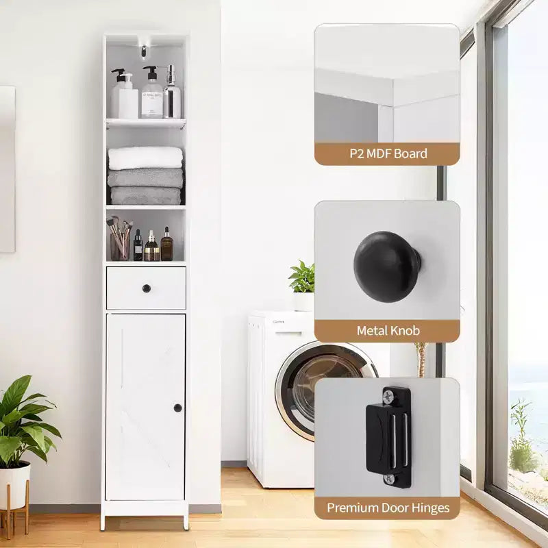 Mobiletto stretto bianco con sportello singolo e cassetto, 168 cm, montaggio per 1 persona