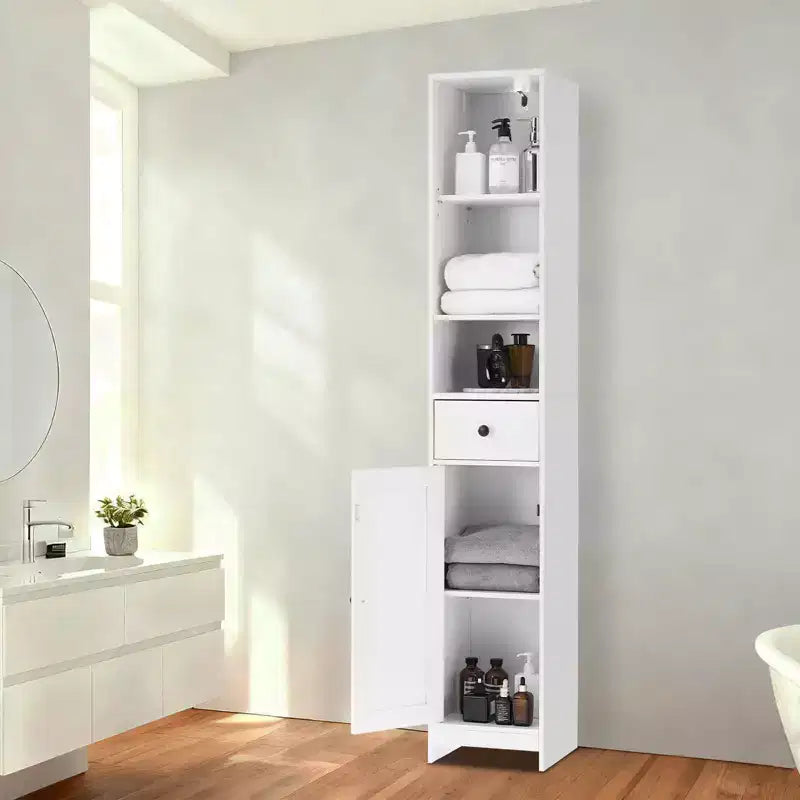 Mobiletto stretto bianco con sportello singolo e cassetto, 168 cm, montaggio per 1 persona