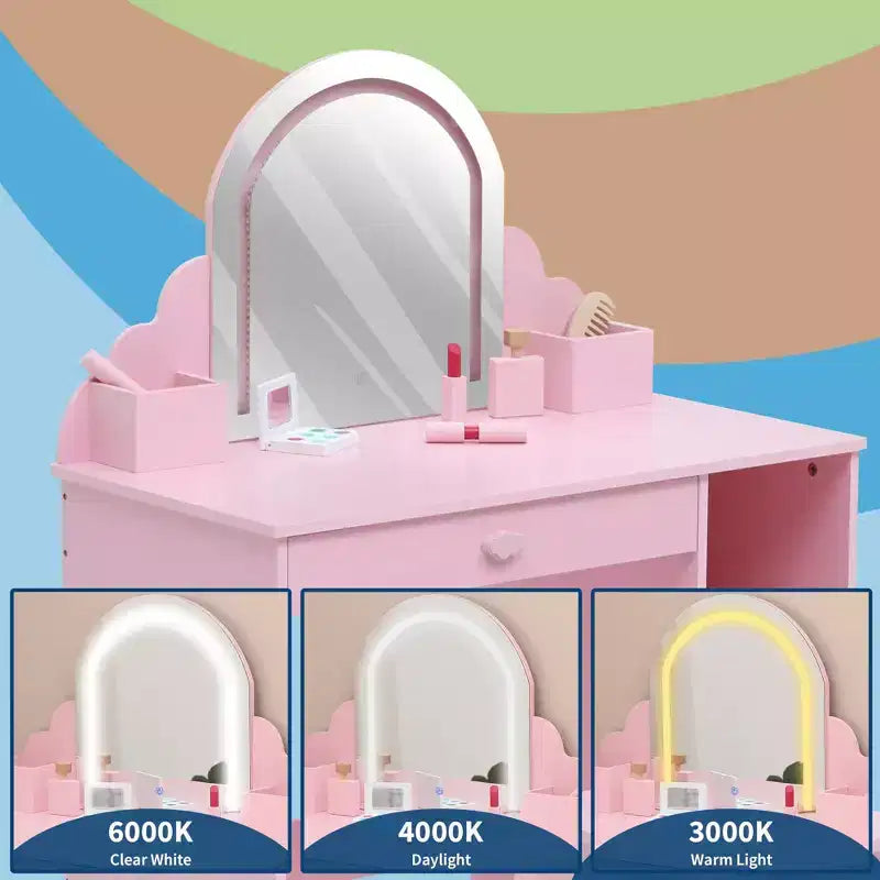 Set toeletta e sgabello per bambini con specchio illuminato, colori rosa/viola/bianco – Per 1 bambino, età 3+